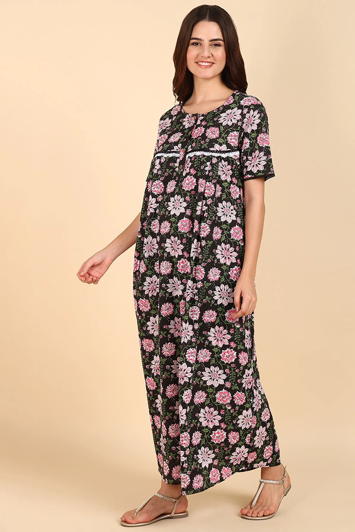 Black Floral Printed 100% Soft Cotton Zipless Maternity Maxi - Image 8