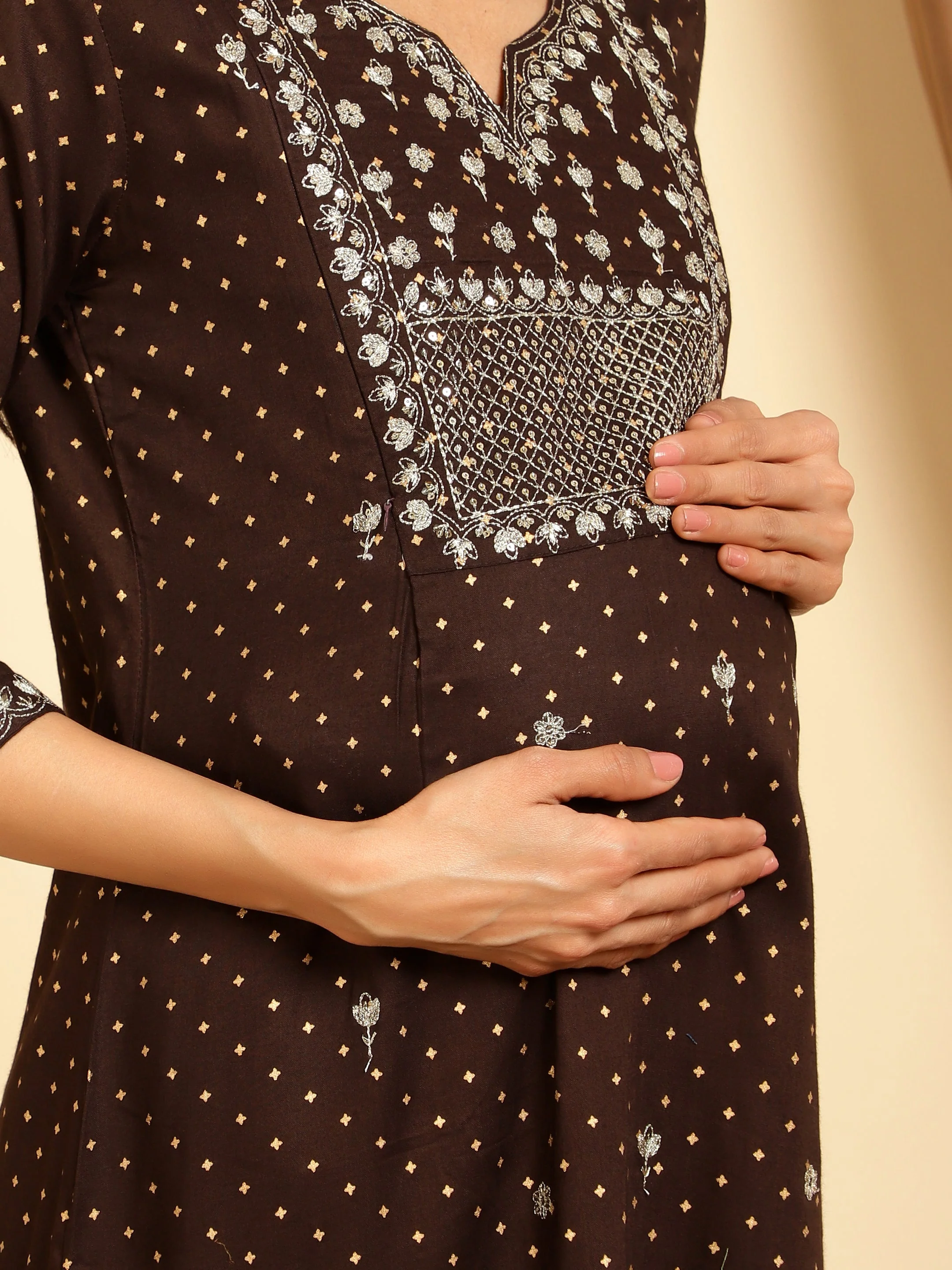 Brown sequins embroidered maternity kurti - Image 8
