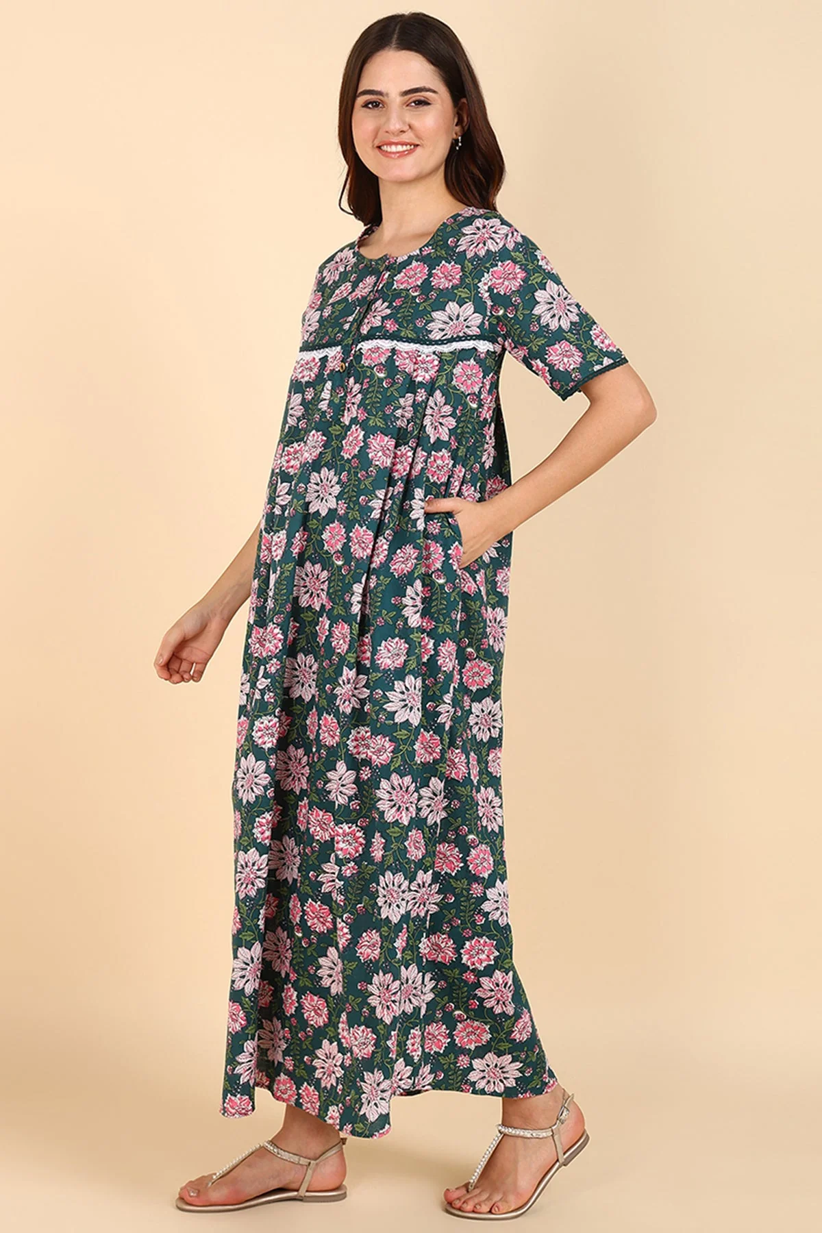 Green Floral Printed 100% Soft Cotton Zipless Maternity Maxi - Image 10