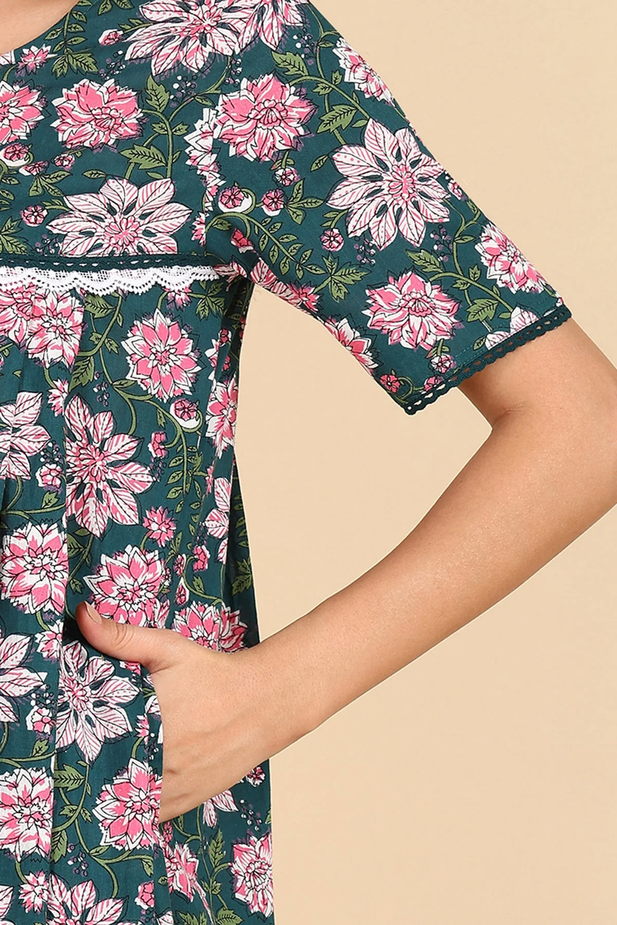 Green Floral Printed 100% Soft Cotton Zipless Maternity Maxi - Image 13