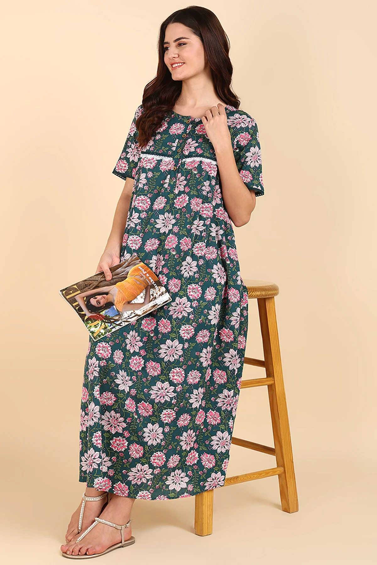 Green Floral Printed 100% Soft Cotton Zipless Maternity Maxi - Image 6