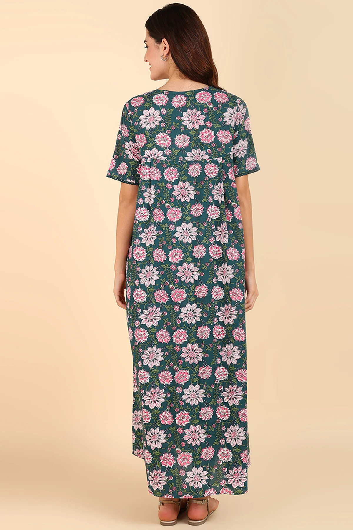 Green Floral Printed 100% Soft Cotton Zipless Maternity Maxi - Image 7