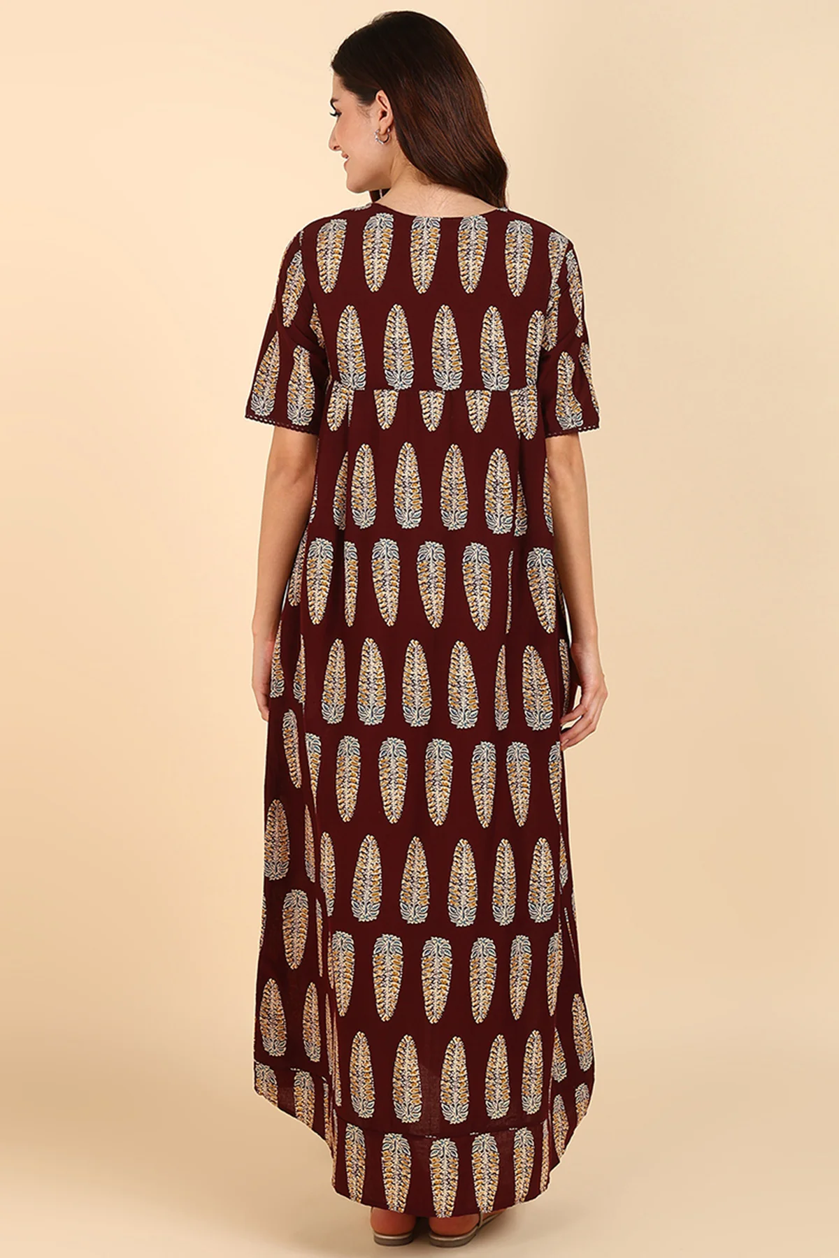 Maroon Printed 100% Soft Cotton Zipless Maternity Maxi - Image 7