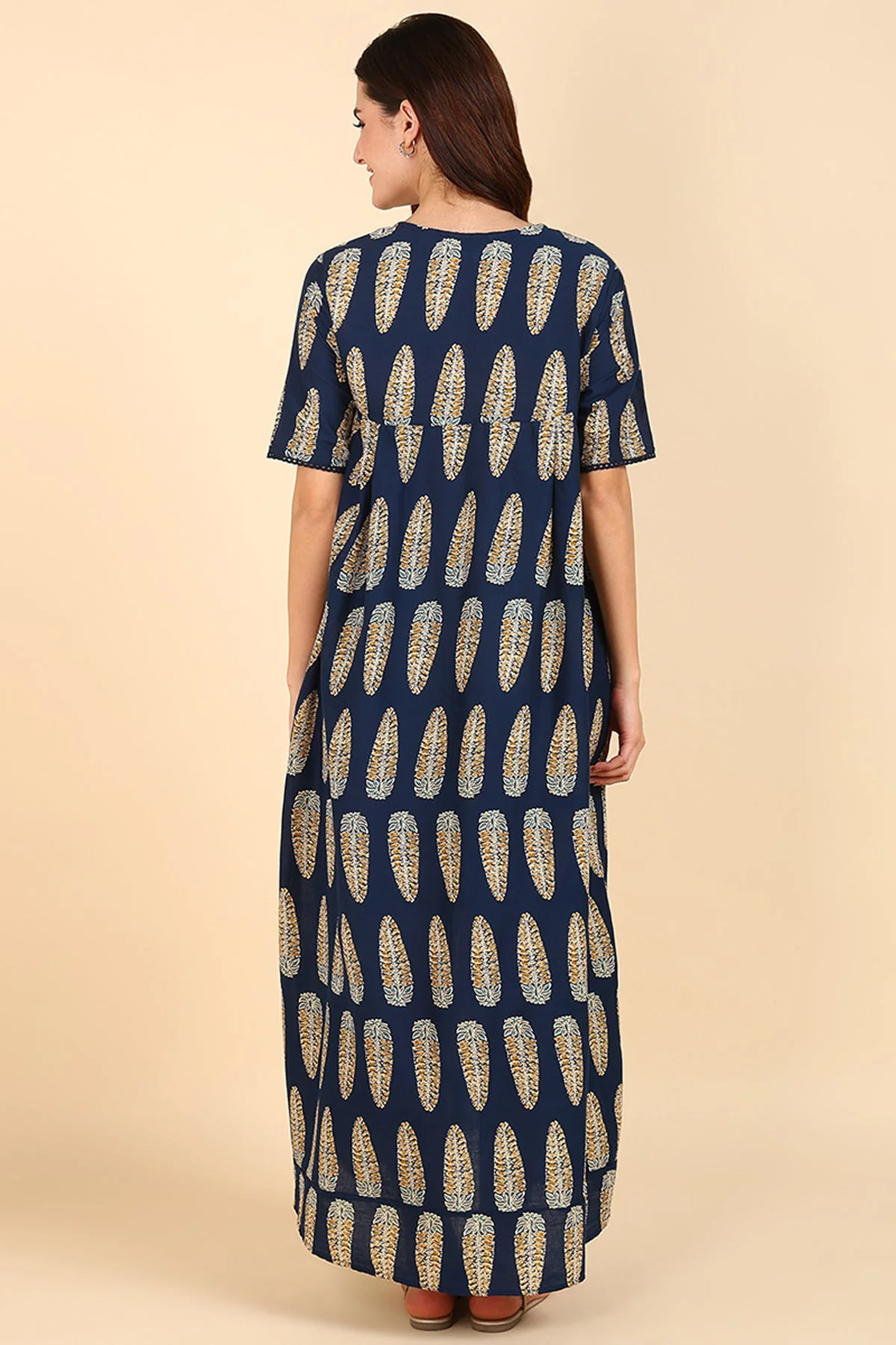 Navy Blue Printed 100% Soft Cotton Zipless Maternity Maxi - Image 12