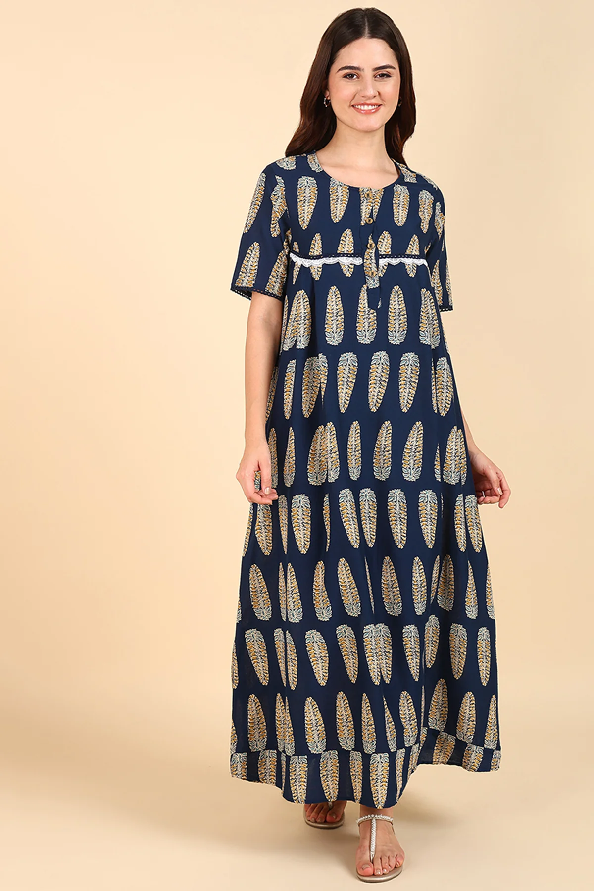 Navy Blue Printed 100% Soft Cotton Zipless Maternity Maxi - Image 5