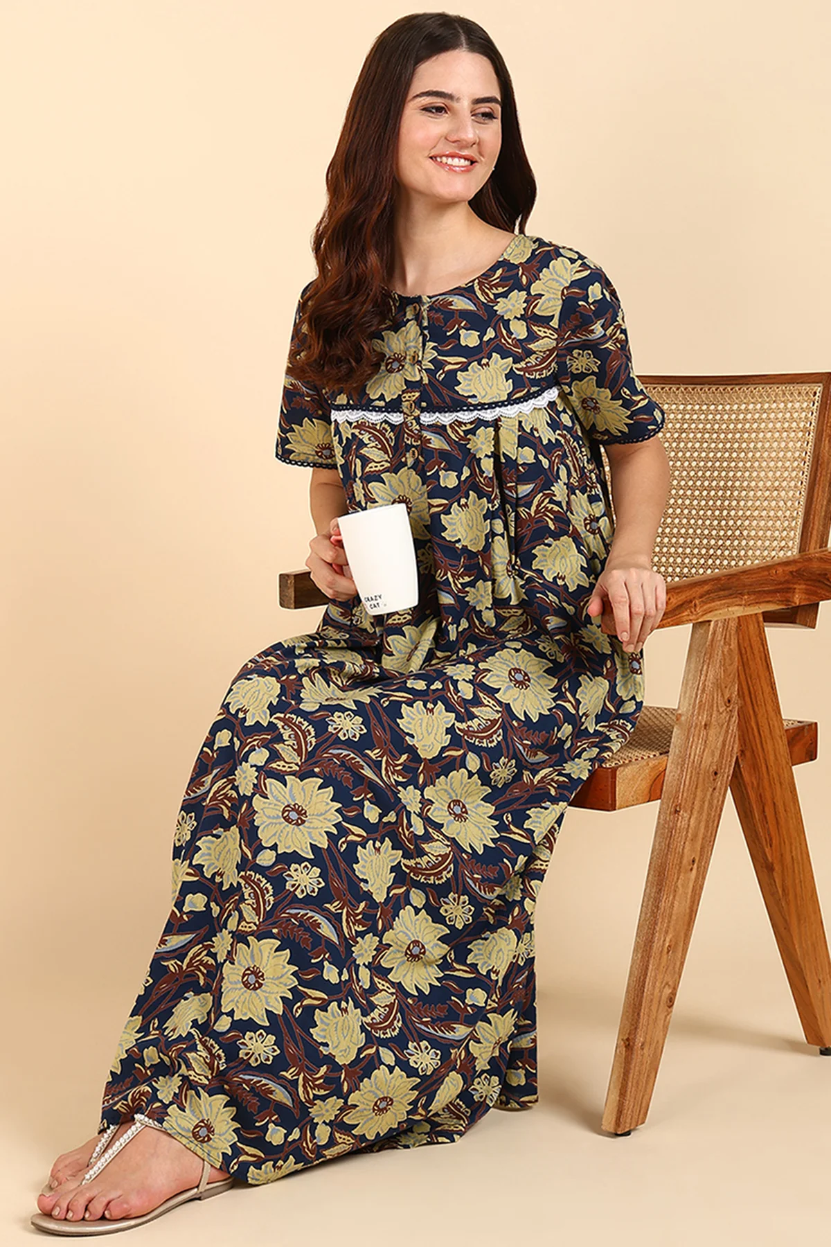 Yellow Floral Printed 100% Soft Cotton Zipless Maternity Maxi - Image 8